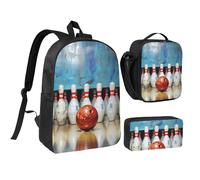 NUYFVG Set di 3 zaini con stampa bowling, borsa per la scuola da 43 cm con borsa termica per il pranzo e astuccio per studenti, adolescenti, ragazze e ragazzi