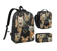 NUYFVG Set zaino con stampa di gatti, borsa per il pranzo, portapenne, matite, studi e snack