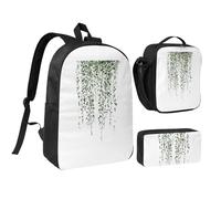 NUYFVG Set zaino con stampa di piante verdi, borsa per il pranzo, portapenne, cinghie regolabili, scuola, viaggi, attività all'aperto