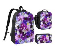 NUYFVG Set zaino con stampa floreale viola, borsa per il pranzo, portapenne, matite, studi, snack, articoli per lo studio
