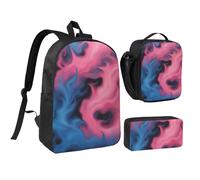 NUYFVG Zaino scolastico blu e rosa con stampa di fuoco, borsa per il pranzo, custodia 3 in 1, per ragazzi e ragazze, da viaggio, attività all'aperto