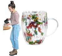 Nuyhgtr Cups with Dried Flowers, 300 ml Double Walled Clear Coffee Cup with Handle, Glass Beverage Cups for Hot and Cold Drinks, Elegant Drinking Glasses for Home and, 5,5 x 8,5 x 11 cm