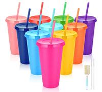 NUZEKY Bicchieri di plastica riutilizzabili con cannucce e coperchi, 10 pezzi, 680,4 g, bicchieri colorati per caffè freddo e bevande sfuse, carini e durevoli, bicchieri da viaggio per adulti