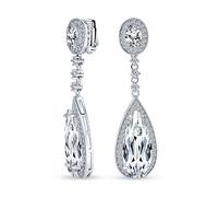 Nuziale Lungo Teardrop Cubic Zirconia Dangle Cz Prom Dichiarazione Vite Clip Su Orecchini Per Le Donne Argento Placcato Ottone