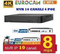 NVR 10 CANALI 4 POE 4K 8 MP COMPATIBILE ONVIF H.265AI P2P CLOUD VIDEOANALISI