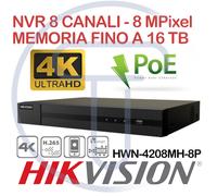 NVR Hikvision Hiwatch HWN-4208MH-8P 8 canali 8 Megapixel 4K PoE max 16TB