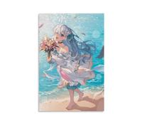 NVTTYIA Poster a tema anime con ragazza con fiori, sfondo oceano, decorazione estetica da parete per camera da letto, illustrazione con personaggi carini, scena da spiaggia, opera d'arte per la casa-2
