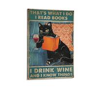 NVTTYIA Poster con gatto nero che legge gli amanti del vino, stampa artistica, decorazione da parete, illustrazione umoristica, stile vintage, decorazione per la casa, regalo per gli innamorati, 20,3