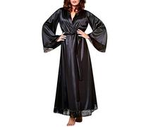 nvtuuer Kimono - Vestaglia da donna, lunga, in tinta unita, con maniche lunghe, in pizzo, per damigella d'onore, in raso, ideale per la notte, estivo, colore puro, Nero , L