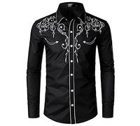 NW Camicia da uomo elegante da cowboy occidentale ricamato Slim Fit casual camicia manica lunga Mens camicia festa di nozze, Nero , M