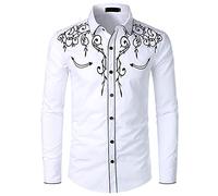 NW Camicia da uomo elegante da cowboy occidentale ricamato Slim Fit casual camicia manica lunga Mens camicia festa di nozze, bianco, L