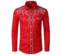 NW Camicia da uomo elegante da cowboy occidentale ricamato Slim Fit casual camicia manica lunga Mens camicia festa di nozze, Rosso, M