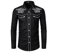 NW Camicia da uomo elegante da cowboy occidentale ricamato Slim Fit casual camicia manica lunga Mens camicia festa di nozze, Nero-01, M