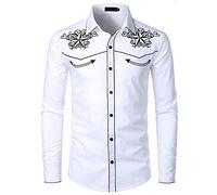 NW Camicia da uomo elegante da cowboy occidentale ricamato Slim Fit casual camicia manica lunga Mens camicia festa di nozze, White-01, M