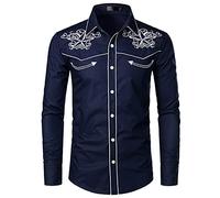 NW Camicia da uomo elegante da cowboy occidentale ricamato Slim Fit casual camicia manica lunga Mens camicia festa di nozze, Blu navy-01., XL