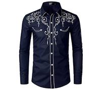 NW Camicia da uomo elegante da cowboy occidentale ricamato Slim Fit casual camicia manica lunga Mens camicia festa di nozze, Marina Militare, M
