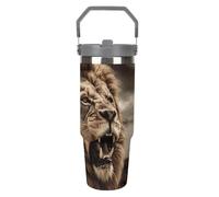 NWTRJ Angry Lion - Bicchiere con manico superiore, in acciaio inox, isolato sottovuoto, con coperchio e cannuccia, a prova di perdite, per donne e uomini