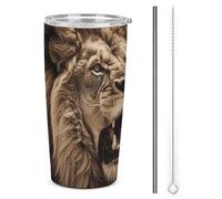 NWTRJ Angry Lion - Bicchiere da caffè isolato in acciaio inox con coperchio e cannuccia, tazza da caffè da viaggio per caffè, tè, bevande