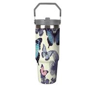 NWTRJ Bella farfalla 880 ml bicchiere con manico superiore in acciaio inox isolato sottovuoto tazza da caffè tazza da viaggio con coperchio e cannuccia a tenuta stagna bottiglia d'acqua per donne