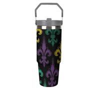 NWTRJ Bicchiere 3D Fleur De Lis Mardi Gras con manico superiore in acciaio inox isolato sottovuoto, tazza da caffè da viaggio con coperchio e cannuccia, bottiglia d'acqua a prova di perdite, per donne