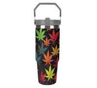 NWTRJ Bicchiere colorato con foglie di cannabis da 880,5 g, con manico superiore, in acciaio inox, isolato sottovuoto, tazza da caffè con coperchio e cannuccia, bottiglia d'acqua a tenuta stagna per
