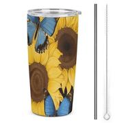 NWTRJ Bicchiere da 590 ml, con girasoli gialli e farfalle blu, in acciaio inox, con coperchio e cannuccia, da viaggio, per caffè, tè e bevande