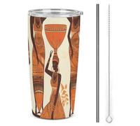 NWTRJ Bicchiere da 590 ml, con motivo donna tribale africana, in acciaio inox, con coperchio e cannuccia, da viaggio, per caffè, tè, bevande