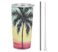 NWTRJ Bicchiere da 590 ml con palma tropicale, in acciaio inox, isolato, con coperchio e cannuccia, da viaggio, per caffè, tè, bevande
