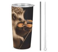 NWTRJ Bicchiere da 590 ml con violino musicale a forma di riccio, in acciaio inox, con coperchio e cannuccia, tazza da caffè da viaggio per caffè e tè