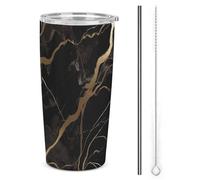NWTRJ Bicchiere da 590 ml, in marmo nero e oro, in acciaio inox, con coperchio e cannuccia, tazza da caffè da viaggio per caffè, tè e bevande