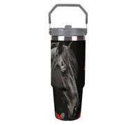 NWTRJ Black Horse on A Background of Red Roses - Bicchiere da 880 ml, con manico superiore, in acciaio inox, isolamento sottovuoto, tazza da caffè con coperchio e cannuccia, a prova di perdite, per