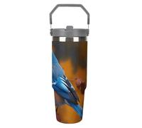 NWTRJ Blue Bird And Leaves - Bicchiere da 880 ml, con manico superiore, in acciaio inox, isolamento sottovuoto, tazza da caffè con coperchio e cannuccia, a prova di perdite, per donne e uomini