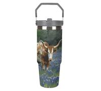 NWTRJ Bluebonnet Longhorn - Bicchiere da viaggio con coperchio e cannuccia, in acciaio inox, con manico superiore, isolamento sottovuoto, per donne e uomini, 880 ml