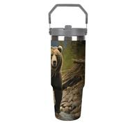 NWTRJ Brown Bear, bicchiere da 880 ml, con manico superiore, in acciaio inox, isolamento sottovuoto, tazza da caffè da viaggio, con coperchio e cannuccia, bottiglia d'acqua a tenuta stagna, per donne