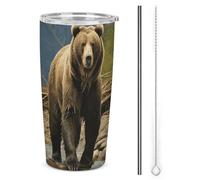NWTRJ Brown Bear Tazza da 590 ml, tazza isolata in acciaio inox con coperchio e cannuccia, tazza da caffè da viaggio per caffè, tè, bevande