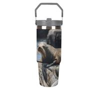 NWTRJ Brown Seal on The Rock - Bicchiere da 880 ml, con manico superiore, in acciaio inox, isolamento sottovuoto, tazza da caffè con coperchio e cannuccia, a prova di perdite, per donne e uomini