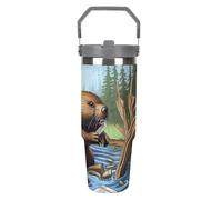 NWTRJ Busy Beaver - Bicchiere da 880 ml, con manico superiore, in acciaio inox, isolamento sottovuoto, tazza da caffè con coperchio e cannuccia, a prova di perdite, per donne e uomini