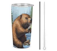 NWTRJ Busy Beaver - Bicchiere termico da 590 ml, in acciaio inox, con coperchio e cannuccia, da viaggio, per caffè, tè, bevande