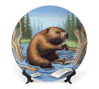 NWTRJ Busy Beaver - Piatti decorativi in ceramica a forma di cartone animato, 17,8 cm, in porcellana Bone China, con espositore, fatti a mano, ornamento decorativo per casa, cucina, camera da letto
