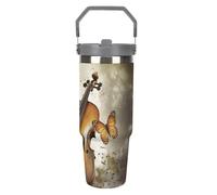 NWTRJ Butterfly And Violoncello - Bicchiere da 880 ml, con manico superiore, in acciaio inox, isolamento sottovuoto, tazza da caffè con coperchio e cannuccia, a prova di perdite, per donne e uomini
