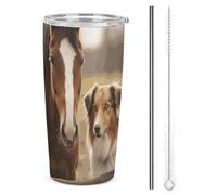 NWTRJ Collie Dog And Horse Together - Bicchiere isolato in acciaio inox, con coperchio e cannuccia, da viaggio, per caffè, tè, bevande