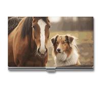 NWTRJ Collie Dog And Horse Together Porta biglietti da visita sottile portatile porta biglietti da visita in metallo tasca porta nome portafoglio per uomini donne ufficio viaggi