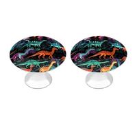 NWTRJ Confezione da 2 pomelli rotondi per cassetti in stile moderno, con dinosauri colorati su sfondo nero, per casa, ufficio, cucina