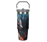 NWTRJ Dragon - Bicchiere da 880 ml, con manico superiore, in acciaio inox, isolamento sottovuoto, tazza da caffè da viaggio, con coperchio e cannuccia, a prova di perdite, per donne e uomini