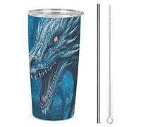 NWTRJ Dragon Cool Blue - Bicchiere termico da 590 ml, in acciaio inox, con coperchio e cannuccia, da viaggio, per caffè, tè, bevande