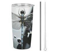NWTRJ Dragonfly - Bicchiere termico da 590 ml, in acciaio inox, con coperchio e cannuccia, da viaggio, per caffè, tè, bevande