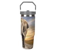 NWTRJ Elephant Walking - Bicchiere da viaggio con coperchio e cannuccia, in acciaio inox, con manico superiore, isolamento sottovuoto, per donne e uomini, 880 ml