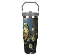 NWTRJ Frogs Sing on The Branches - Bicchiere da 880 ml, con manico superiore, in acciaio inox, isolamento sottovuoto, tazza da caffè con coperchio e cannuccia, a prova di perdite, per donne e uomini