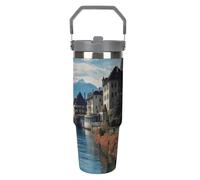 NWTRJ Lake Geneva Svizzera - Bicchiere da 880 ml, con manico superiore, in acciaio inox, isolamento sottovuoto, tazza da caffè con coperchio e cannuccia, a prova di perdite, per donne e uomini