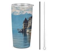 NWTRJ Lake Geneva Svizzera - Bicchiere termico da 590 ml, in acciaio inox, con coperchio e cannuccia, da viaggio, per caffè, tè e bevande